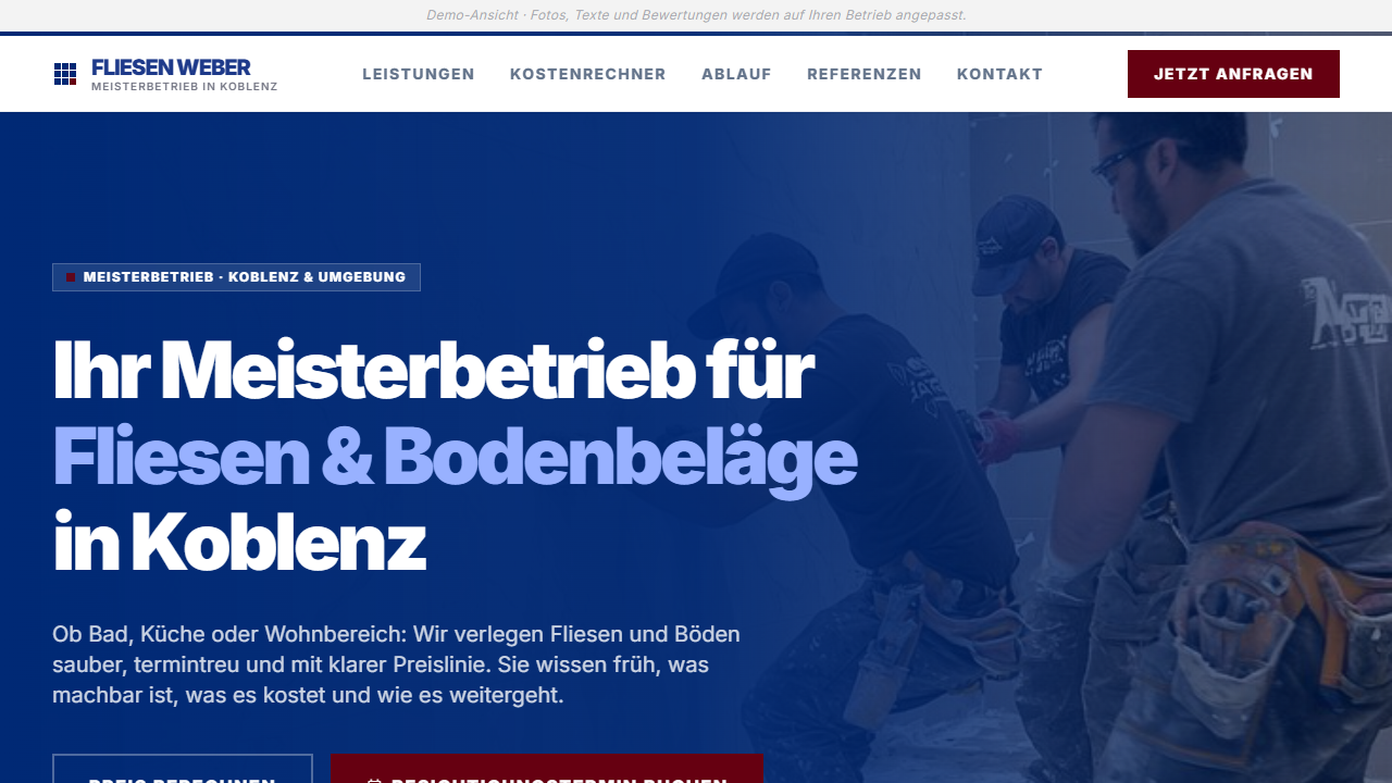 Vorschau einer Beispiel-Website für Fliesenleger